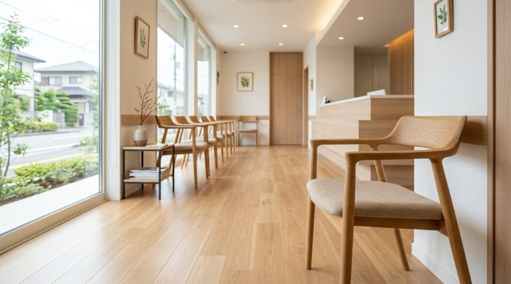 木製の椅子が並ぶ明るいクリニックの待合室。大きな窓から自然光が入り、受付カウンターや観葉植物が見える清潔で落ち着いた空間。