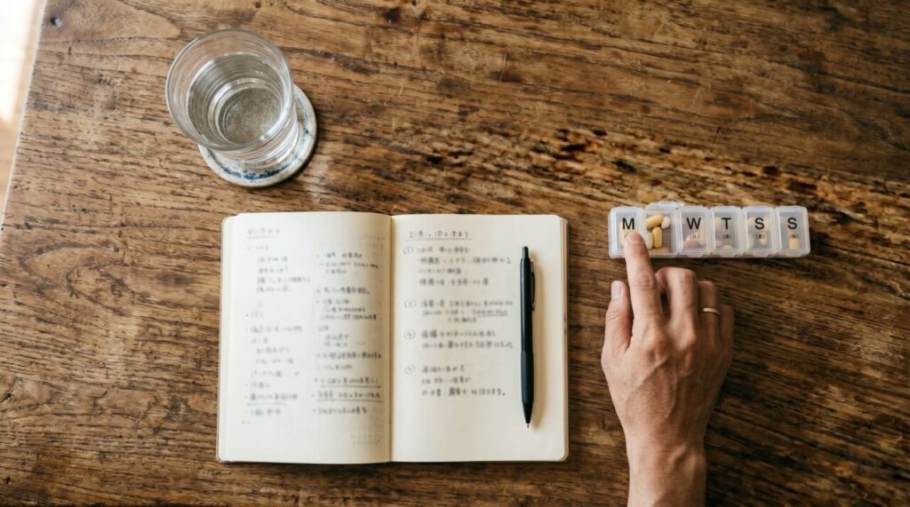 木の机の上に水、ピルケース、ノートが置かれ、手が薬に伸びている様子を上から撮影した写真。副作用と向き合いながら治療を続ける静かな日常を表現している。