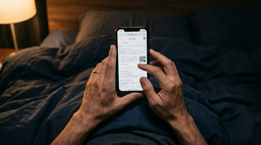 夜のベッドでスマートフォンを見つめる日本人男性の手元。不安や迷いを感じさせる、AGA治療を始められずに検索しているイメージ。