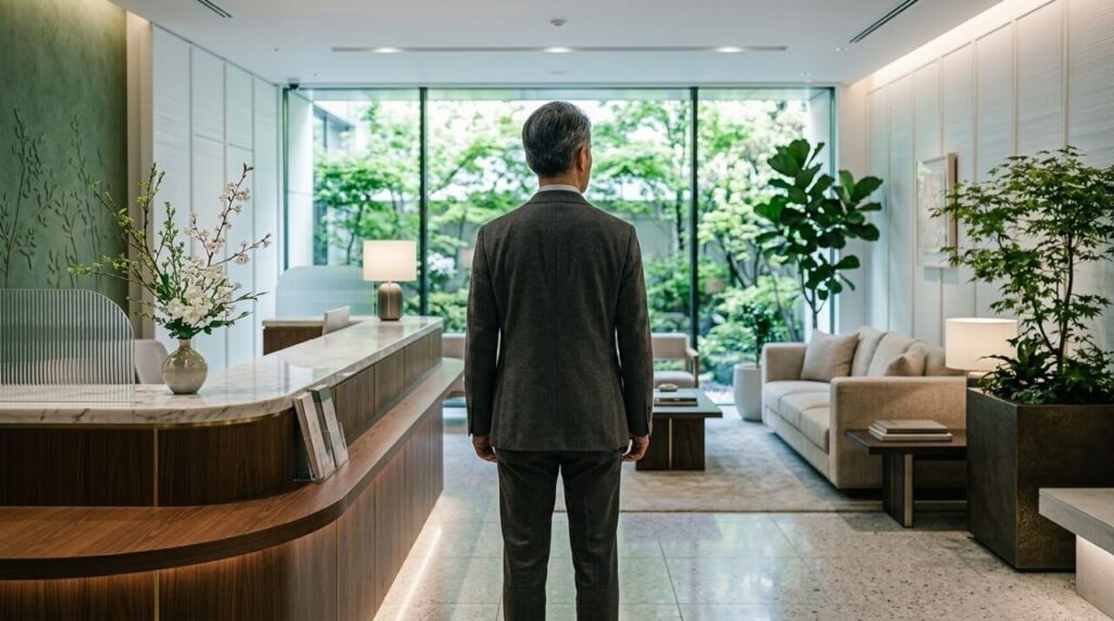 自然光が差し込む上質なクリニックの待合空間で、受付カウンターの前に立つ50代男性の後ろ姿。観葉植物や落ち着いたインテリアが見え、顔は写っていない。
