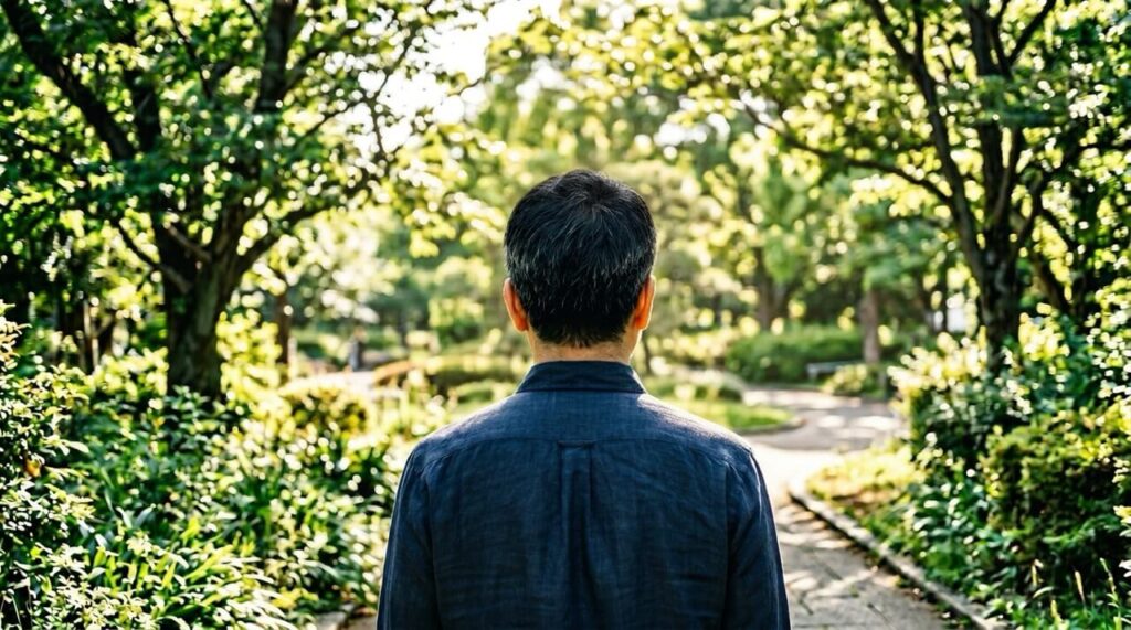 緑豊かな公園の小道の前に立つ、50代日本人男性の後ろ姿。短い黒髪にわずかに白髪が混じり、顔は見えず、明るい自然光が木々の間から差し込んでいる。