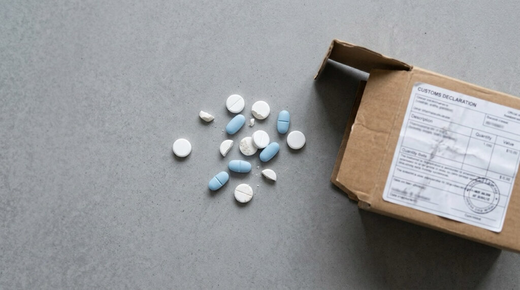 灰色の面の上に白と青の錠剤が散らばり、そばに小さな配送箱が置かれている。通関書類風のラベルが見え、個人輸入薬の不確かさをイメージさせる。
