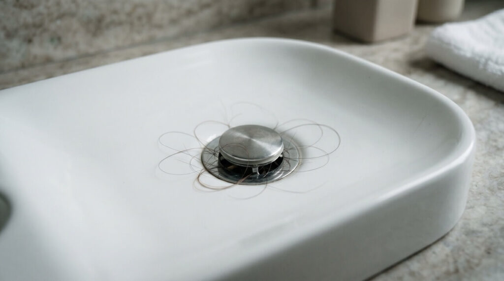 白い洗面台の排水口まわりに抜け毛が集まっている様子を上から撮影した写真。初期脱毛への不安を静かに表現したイメージ。