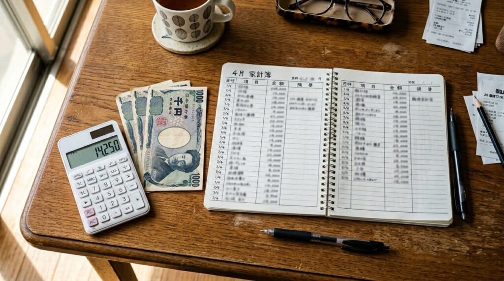 木目のデスクを真上から撮影した写真。開いた家計簿ノート、電卓、日本円の千円札、ボールペンが並び、午後の自然光が斜めから差し込んでいる。