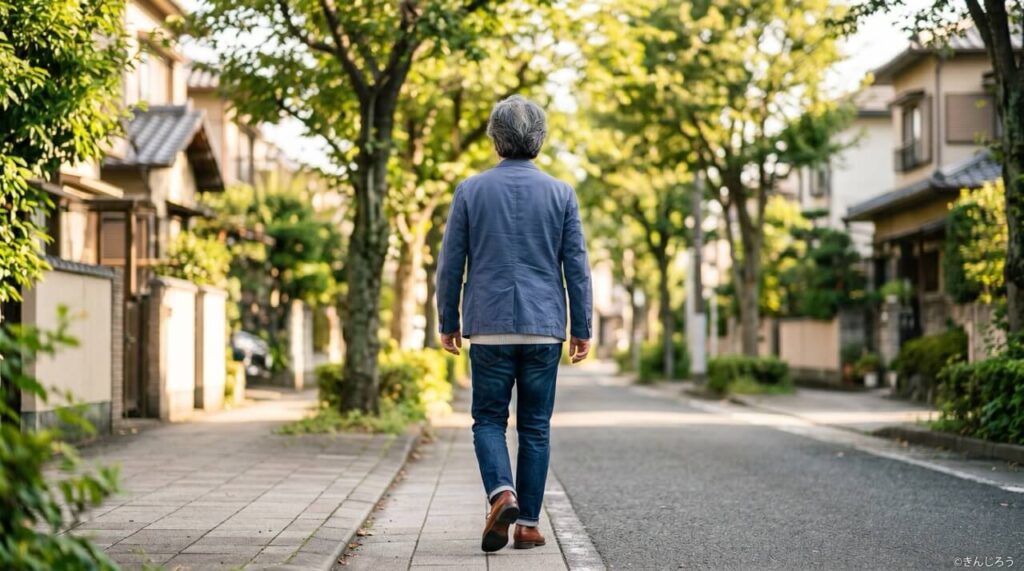 帽子をかぶらず、朝の住宅街を自然に歩く日本人男性の後ろ姿。髪の自然なボリュームと、落ち着いた自信を感じさせる屋外写真。