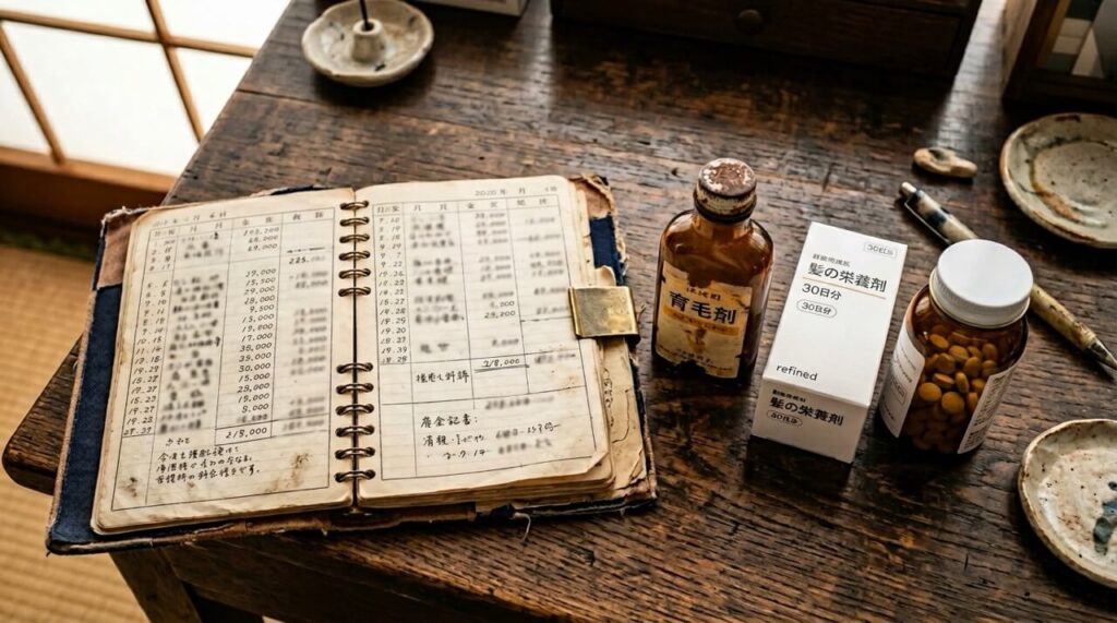 木目のデスクを真上から撮影した写真。古びた手帳の横に空の育毛剤ボトルと新しい薬のパッケージが並び、暖かい自然光が差し込んで時間の経過を感じさせる構図。