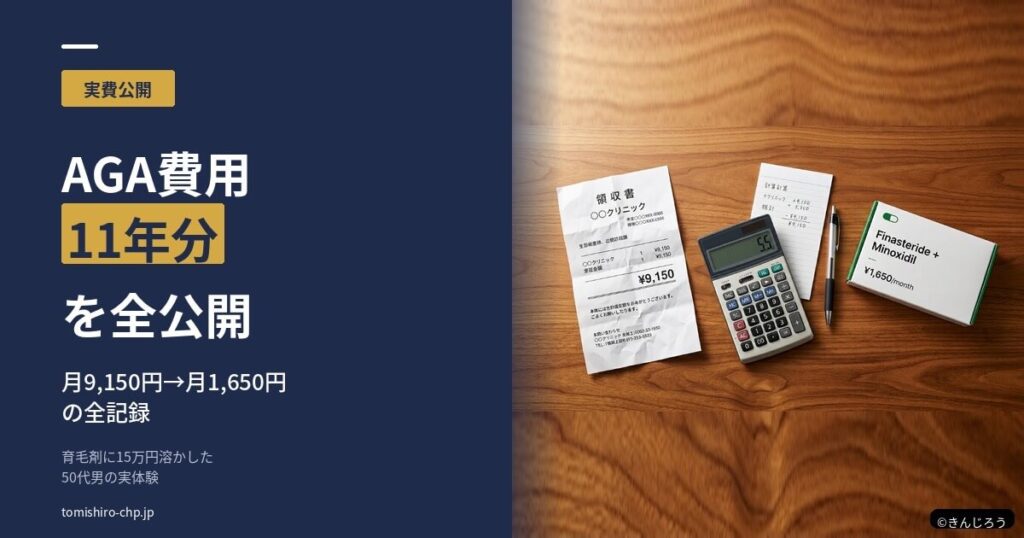 ネイビー背景の左側に「実費公開」「AGA費用 11年分 を全公開」「月9,150円→月1,650円の全記録」などの見出しを配置し、右側に領収書、電卓、メモ、ペン、薬パッケージを並べた木目デスクの写真を組み合わせたアイキャッチ画像