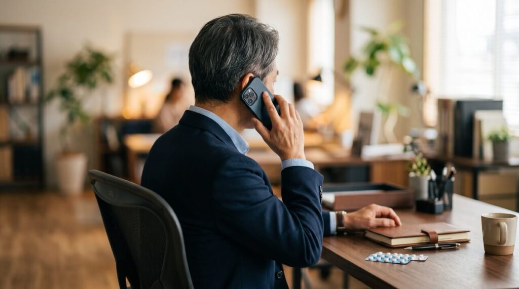 デスクでスマートフォンを耳に当てて相談する日本人男性の後ろ姿。机の上には薬のパッケージが置かれ、副作用が出たときの相談場面を表している。