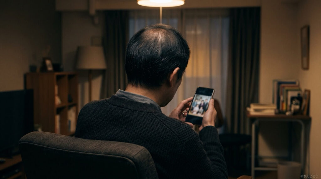 室内でスマートフォンを見下ろす日本人男性の後ろ姿。頭頂部にやわらかい光が当たり、薄毛を気にしている静かな不安や気づきの瞬間を表現した写真。