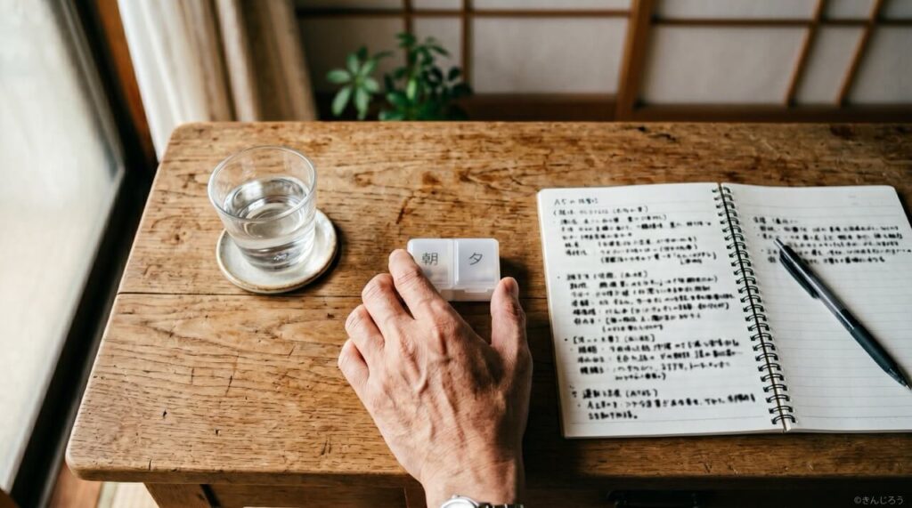 木の机の上に水、ピルケース、ノート、ペンが置かれ、日本人男性の手が薬に伸びている様子を上から撮影した写真。AGA治療を習慣として始める静かな決意を表現している。