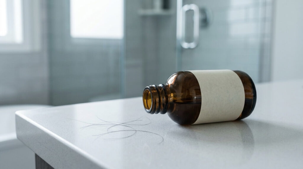 白いカウンターの上で横倒しになった茶色のスポイト瓶のそばに、数本の抜け毛が落ちている。背景はぼけた浴室空間で、静かな不安感がある。