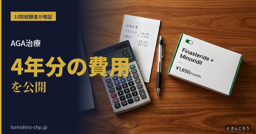 ネイビー背景の左側に「実費公開」「AGA費用 11年分 を全公開」「月9,150円→月1,650円の全記録」などの見出しを配置し、右側に領収書、電卓、メモ、ペン、薬パッケージを並べた木目デスクの写真を組み合わせたアイキャッチ画像