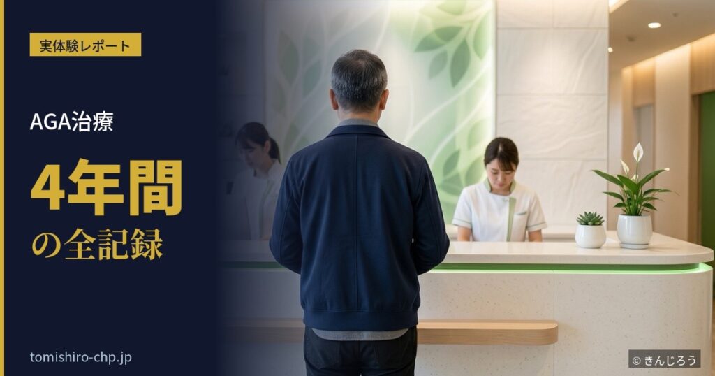 AGA治療の体験レポートをイメージした、クリニック受付に立つ50代男性の後ろ姿のバナー画像
