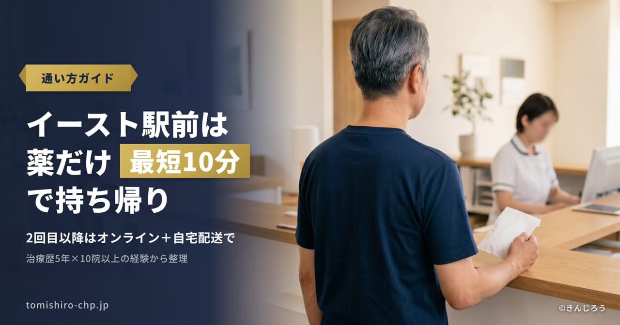クリニック受付で薬の袋を受け取った男性の後ろ姿。イースト駅前クリニックの通い方(薬だけ持ち帰り・2回目以降オンライン・予約なし)を解説する記事のアイキャッチ画像。