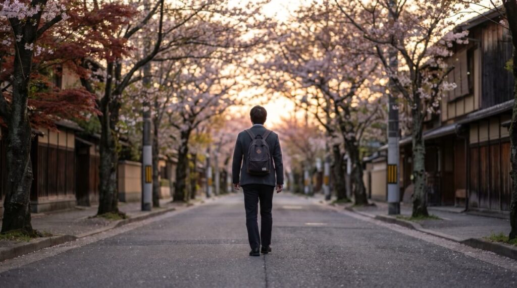 朝の住宅街を前向きに歩く30代後半男性の後ろ姿