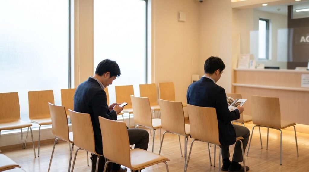 静かなクリニック待合室の椅子に座って順番を待つ男性たちの後ろ姿