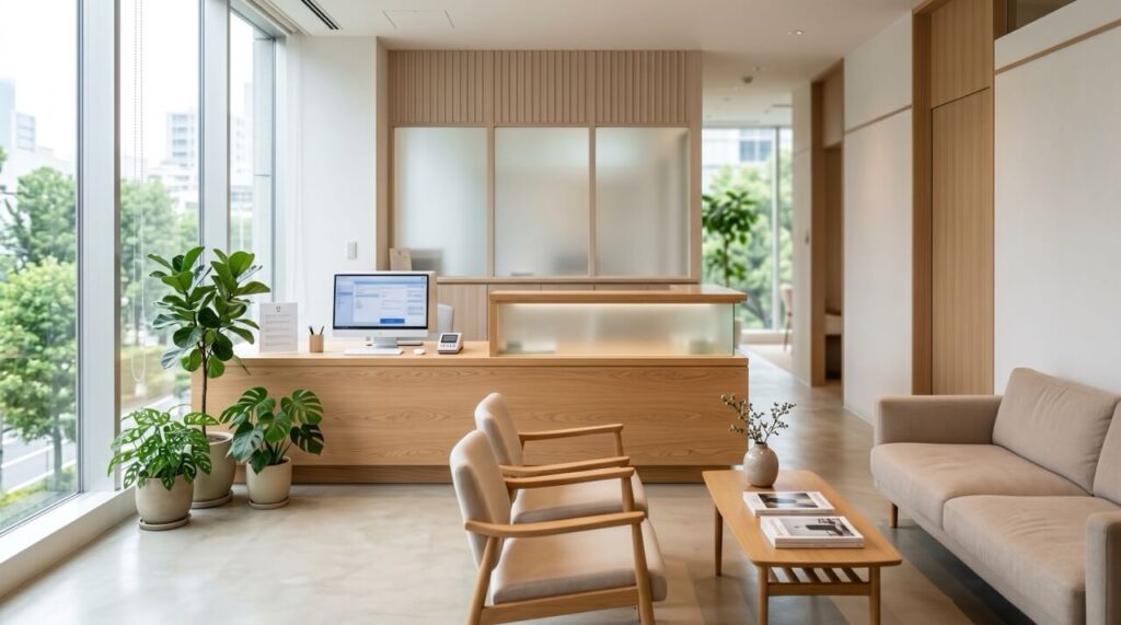 明るい自然光が差し込むAGAクリニックの受付カウンター。観葉植物が置かれた清潔感のある空間。