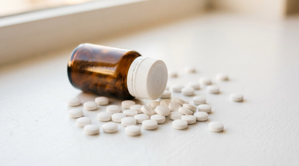 白い錠剤と小さな処方薬の瓶が並ぶ静物写真。AGA治療薬のイメージ。