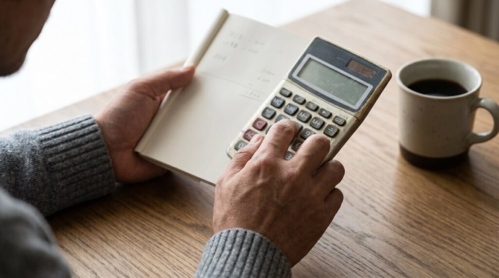 デスクで電卓とノートを使い月額費用を計算する男性の手元