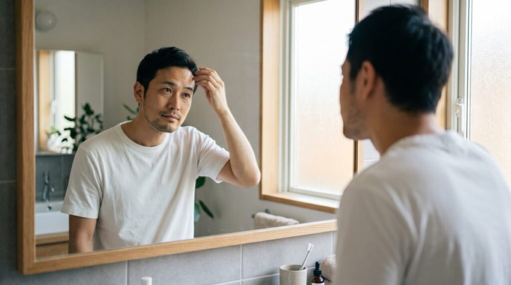 鏡で生え際を確認する男性