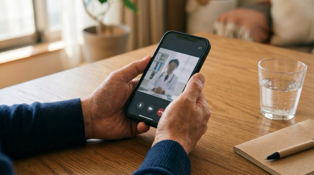 スマートフォンでオンライン診療のビデオ通話を受ける男性の手元。木製デスクに置かれたノートとグラス。