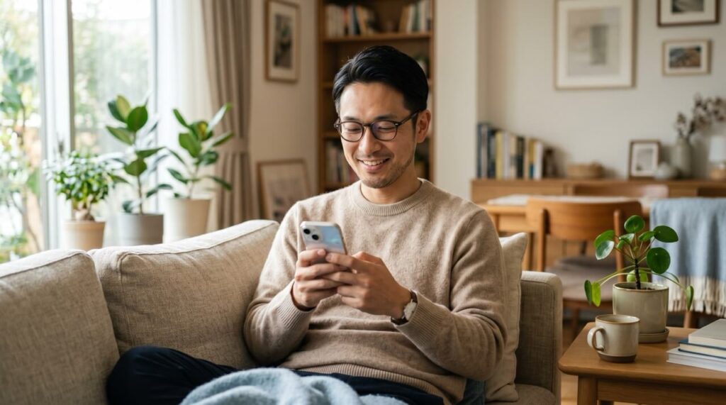 自宅のソファでスマホを見ながらくつろぐ男性