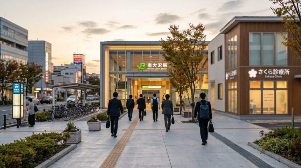 夕方の駅前に佇む小さなクリニックの外観。仕事帰りに立ち寄れる駅前立地のイメージ。