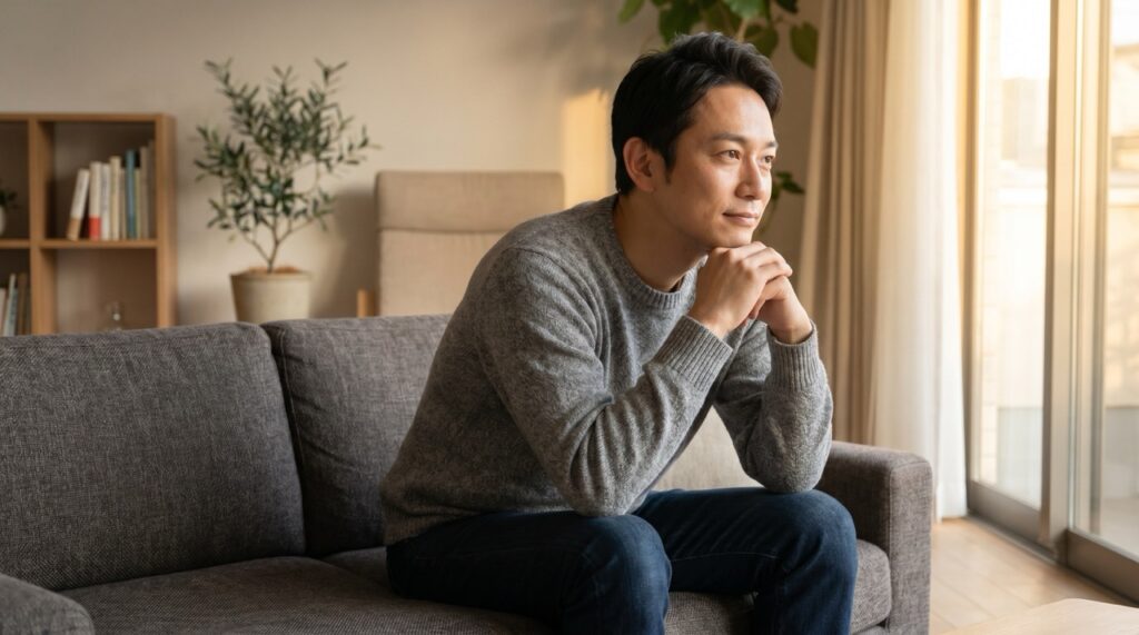 リビングのソファで肘を膝につき思案する30代男性の横顔