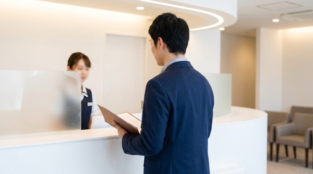明るいクリニックの受付カウンターに立ち書類を持つ男性の後ろ姿