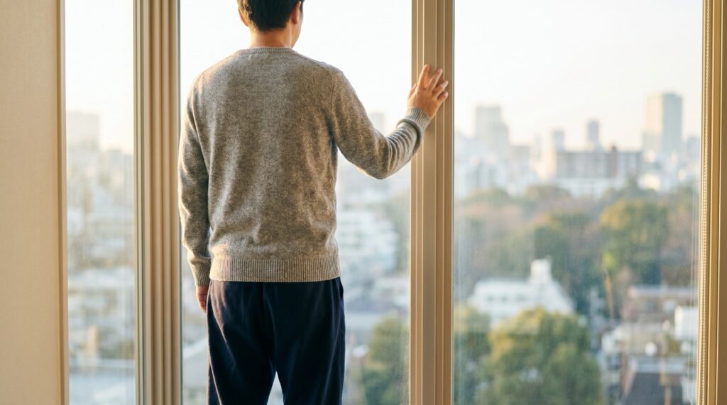 早朝の柔らかな光が差し込む窓辺で外を見つめる男性の後ろ姿
