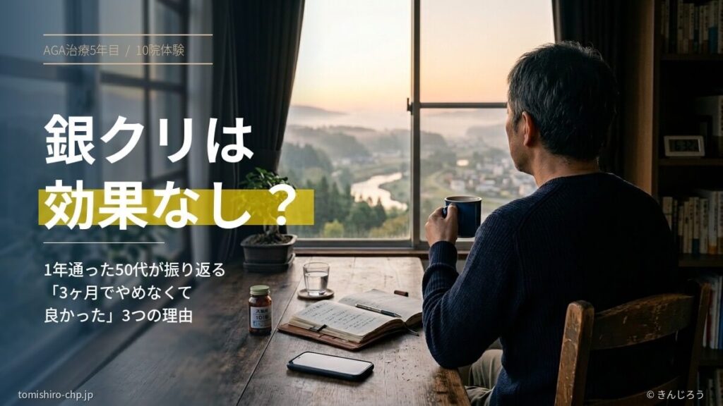 銀クリでAGA治療を1年続けた50代男性が朝の窓辺で振り返るイメージ