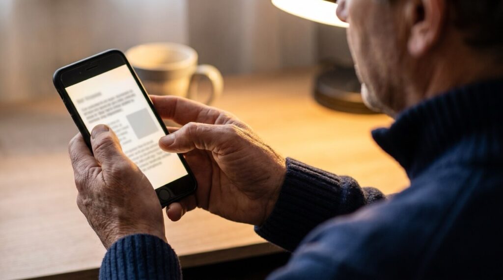 スマホで口コミを真剣に確認する男性の手元アップ