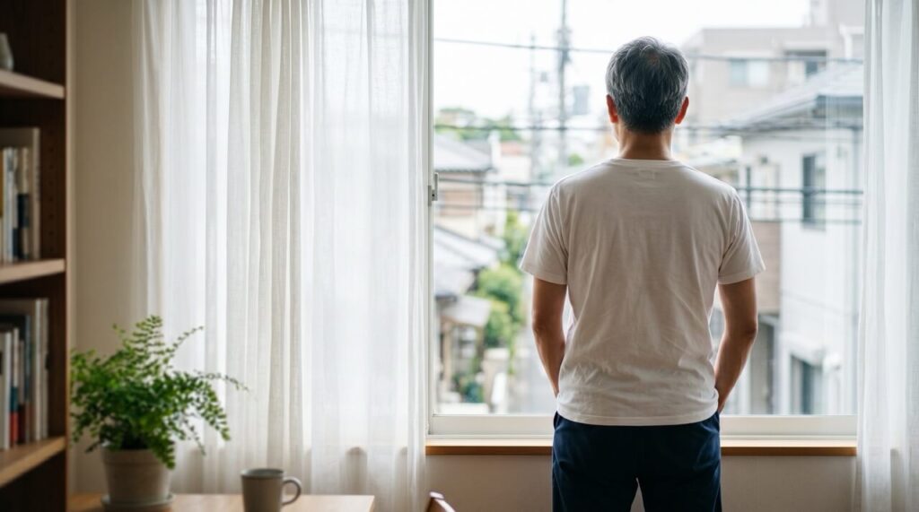 窓辺に立ち、外を見つめる白Tシャツの男性の後ろ姿。AGA治療4年目の心境を表す静かな情景。
