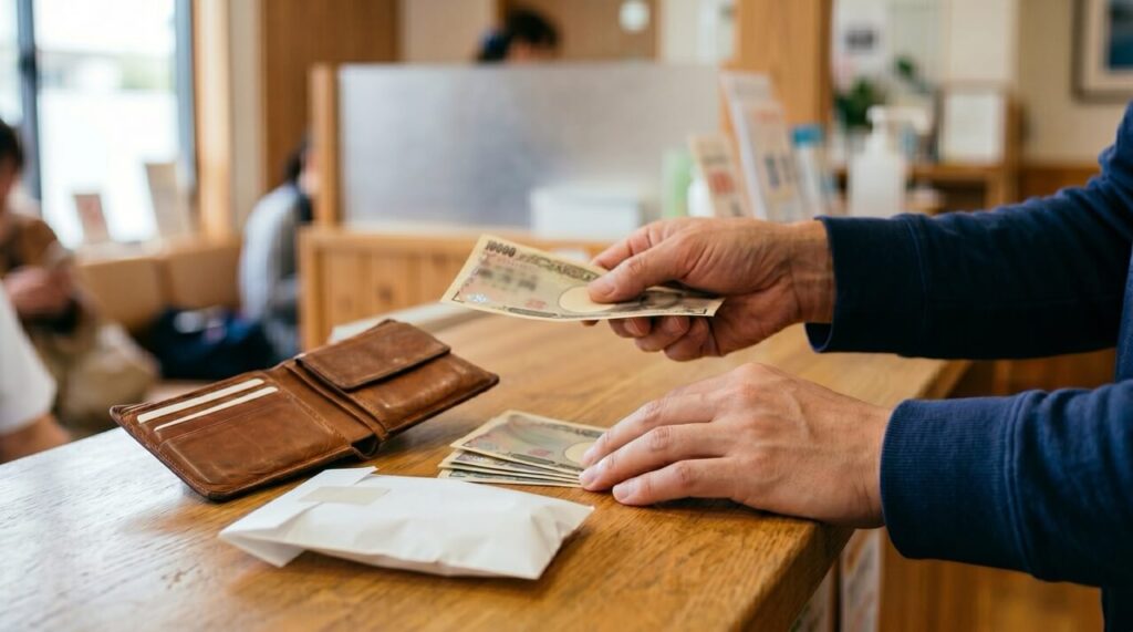 クリニック受付で現金で会計する男性の手元と財布、薬の袋。