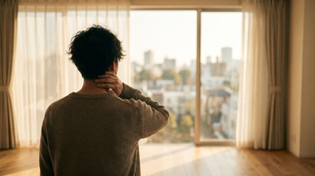 朝の窓辺で前向きな表情の男性の後ろ姿