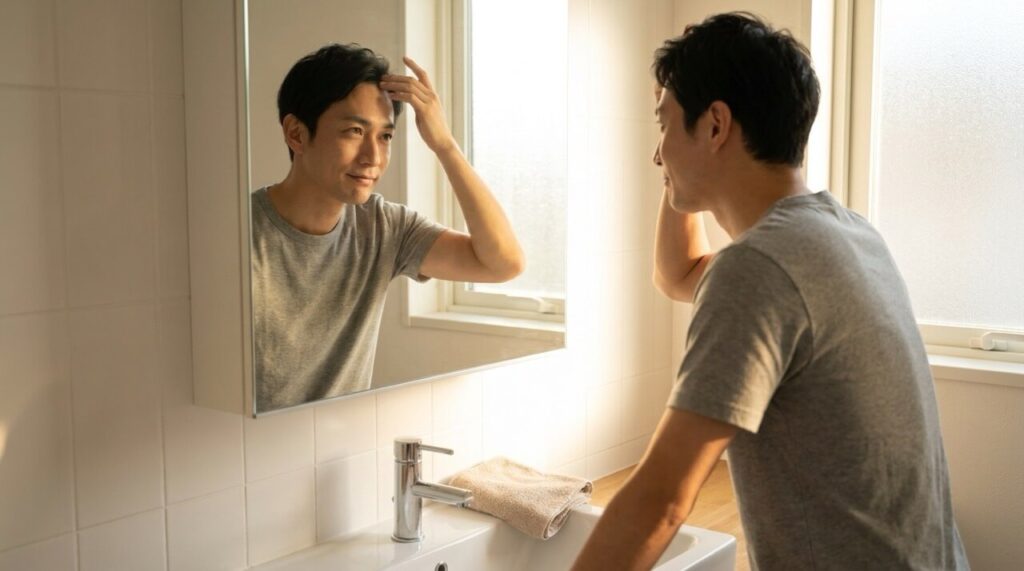 朝のバスルームで鏡を見ながら、自分の頭頂部にそっと手をやる30代後半の男性