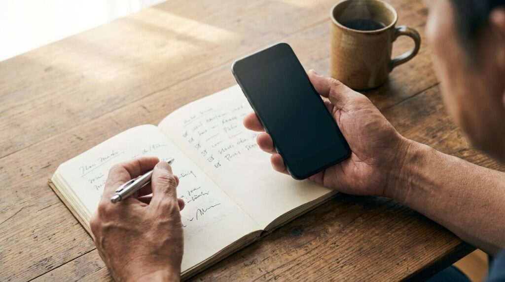 木製のデスクでスマホとノートを並べ、2社のクリニックを書き出して比べる手元