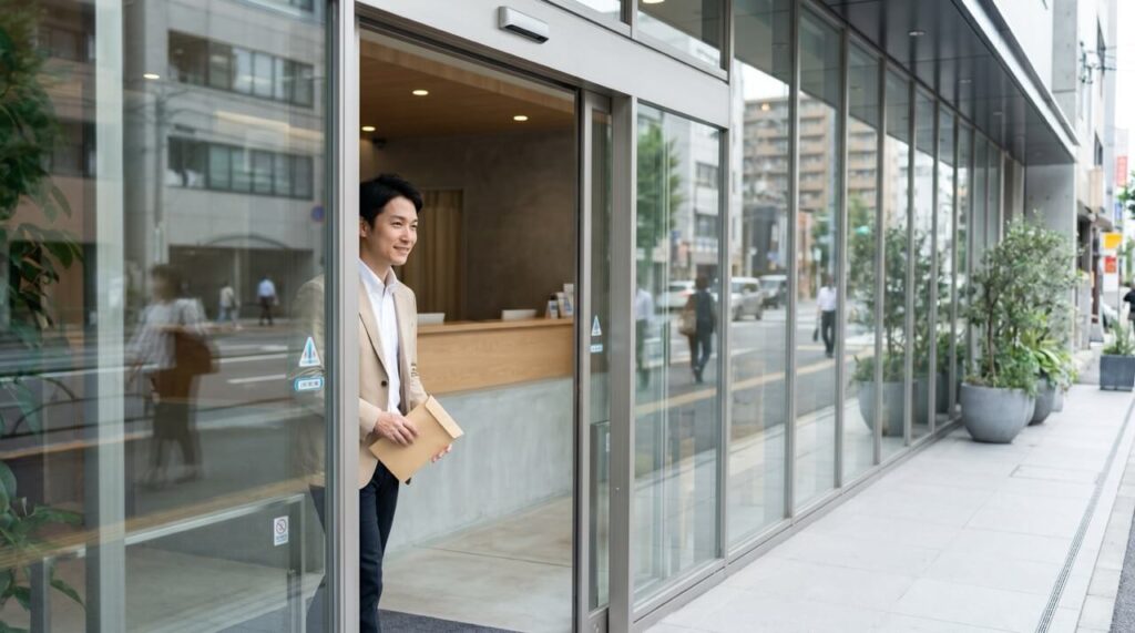 クリニックの受付を出る30代日本人男性