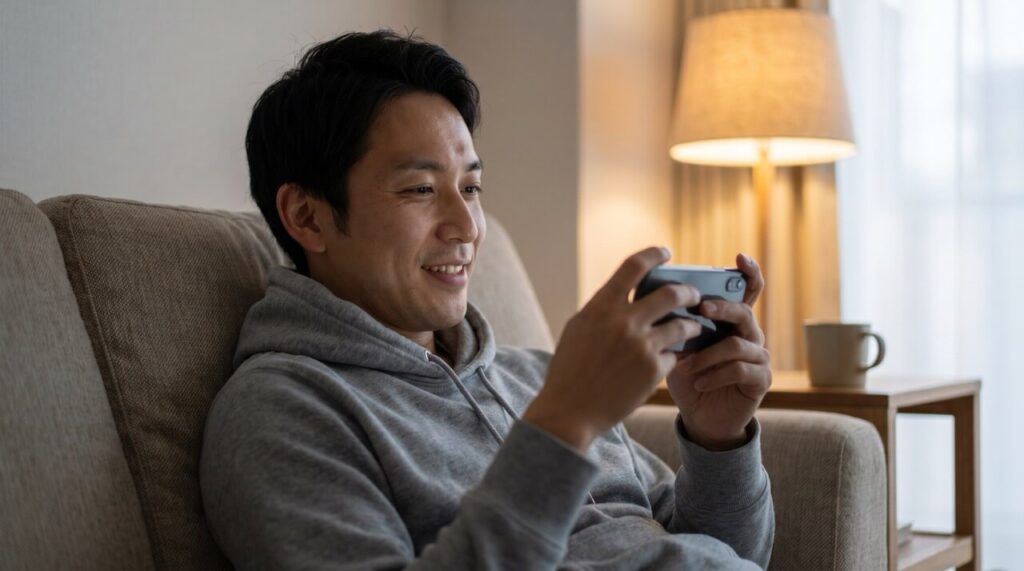自宅でスマホからオンライン診療を受ける30代日本人男性