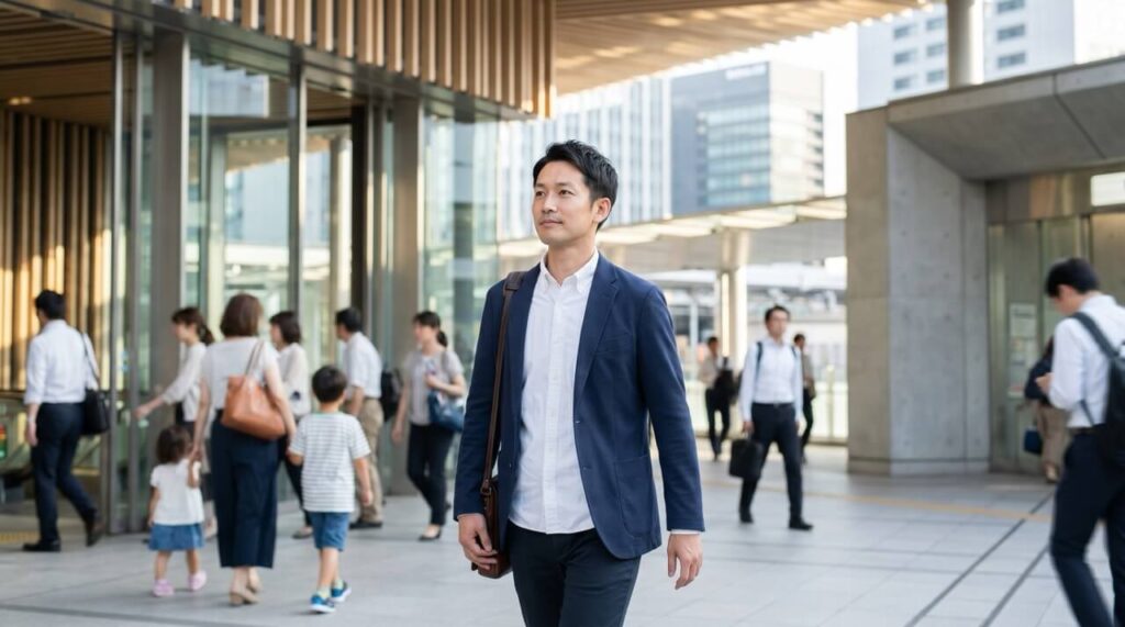 駅前を歩く30代日本人ビジネスパーソン
