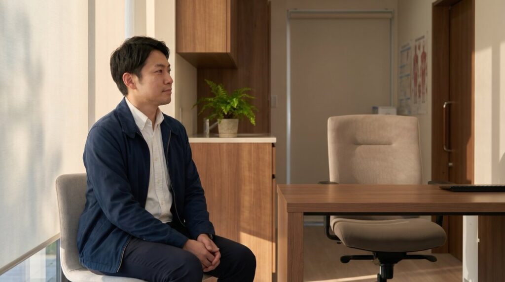 クリニックの診察室で待つ30代日本人男性