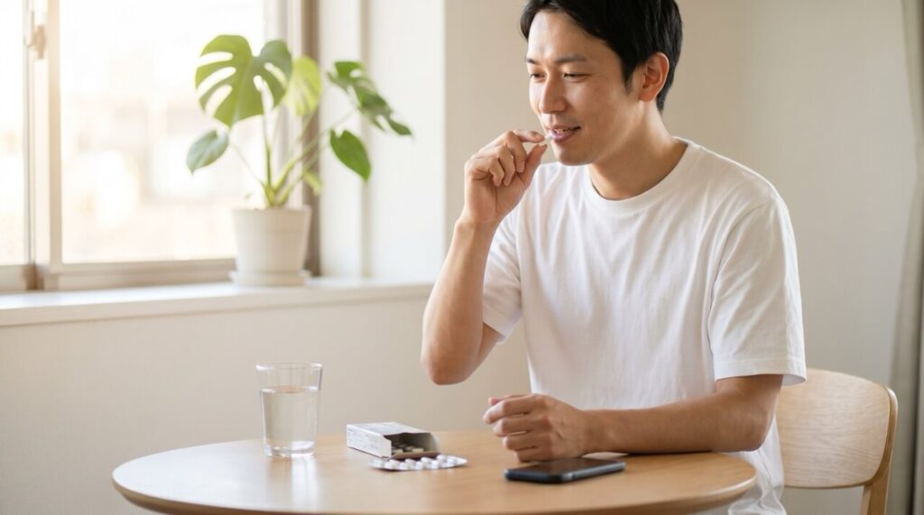 朝の食卓でAGA治療薬を服用する30代日本人男性