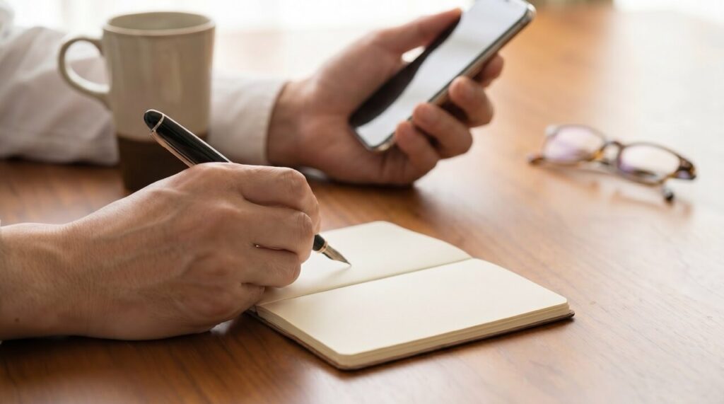クーポンコードをメモに書き留める男性の手元
