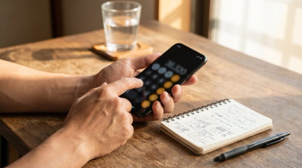 DMMオンラインクリニックの料金プランをスマホで計算する男性の手元