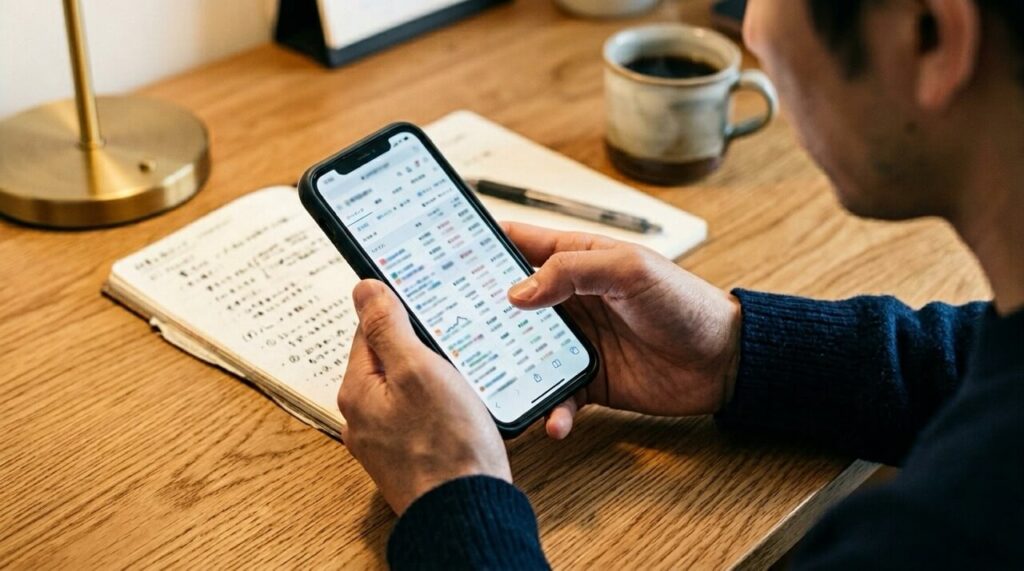 木製のデスクでスマホの料金画面を確認する男性の手元