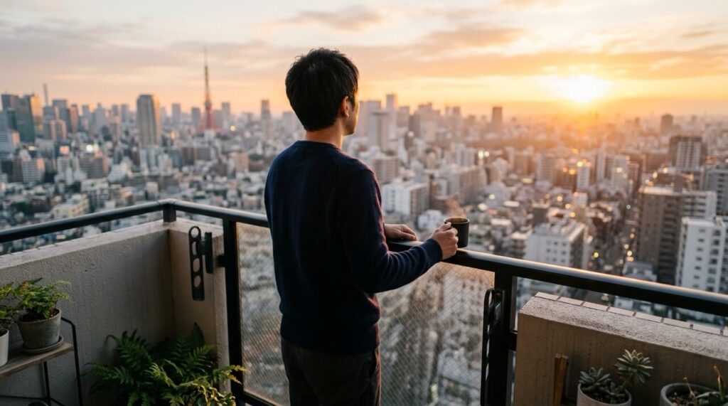 バルコニーで朝日を眺めながらコーヒーを飲む男性の後ろ姿