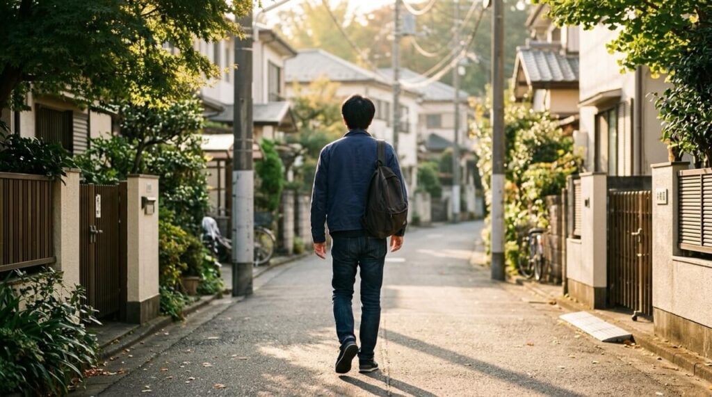 朝の住宅街を歩く男性の後ろ姿